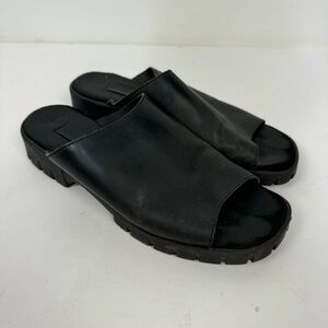 Vintage Black Leather Open toe Slip On Sandals Shoes goth y2k chunky retro